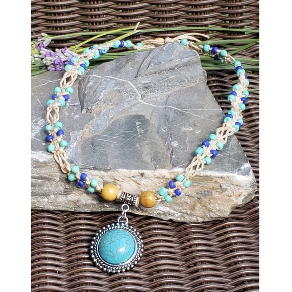 Hemp Necklace w/Turquoise Pendant and Blue Beads - Picture 3 of 8